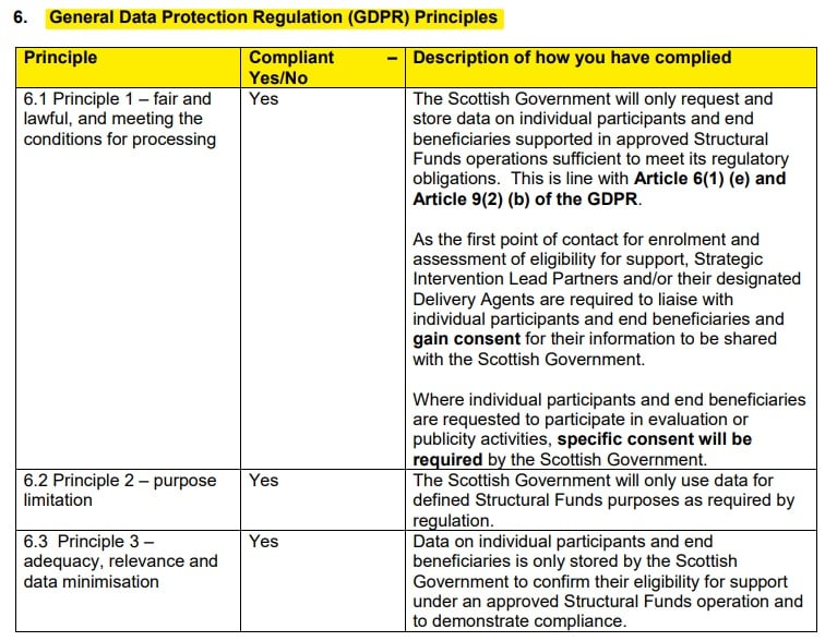 Scottish Government DPIA: Excerpt of section for Compliance with GDPR Principles