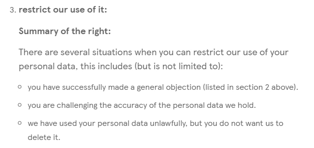 Tesco GDPR Data Subject Rights: Restriction of use summary clause