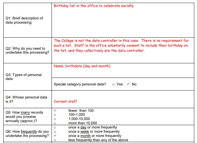 Excerpt of University of Cambridge DPIA example: Questions for the nature of data processing