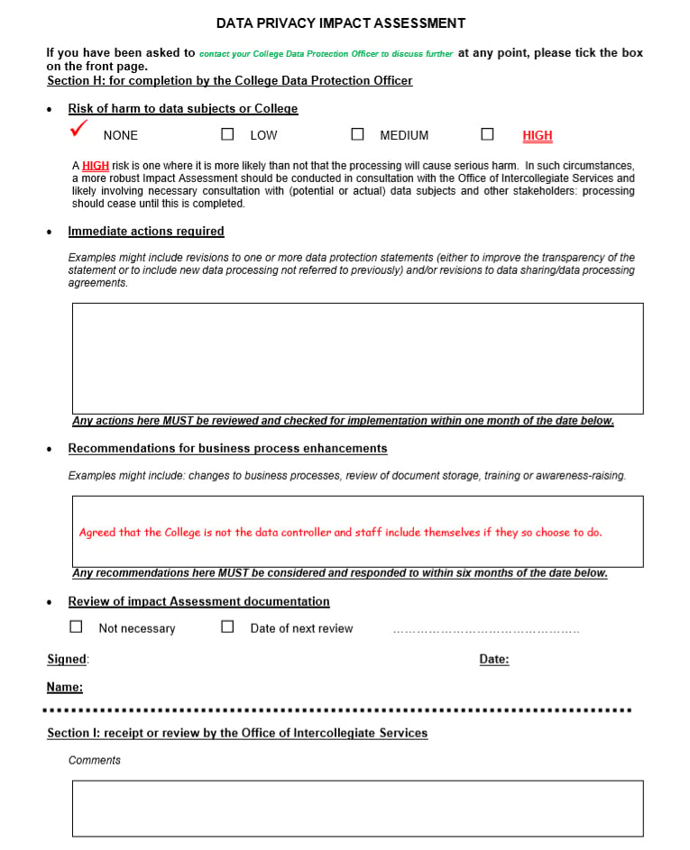 University of Cambridge DPIA example: Form for noting risks and recommendations