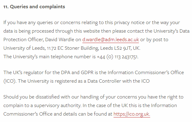 University of Leeds Privacy Policy: Queries and complaints clause