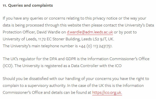 University of Leeds Privacy Policy: Queries and complaints clause