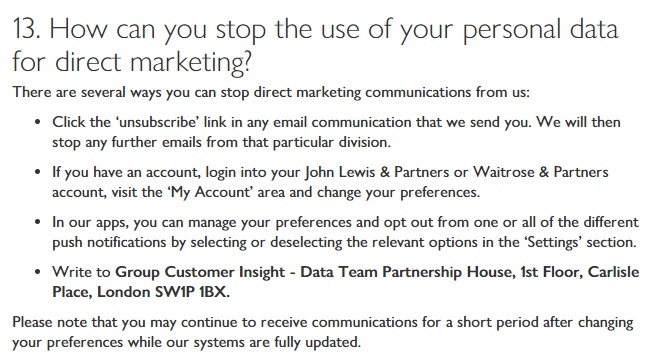Waitrose Privacy Notice: How can you stop the use of your personal information for direct marketing clause