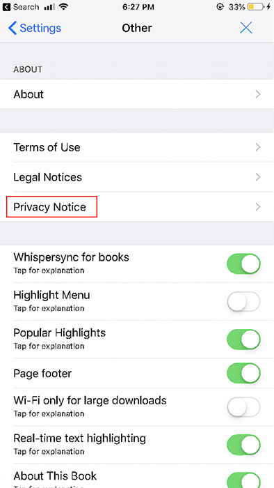 Amazon Kindle app with Privacy Notice link