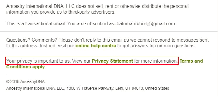 Ancestry DNA email footer with Privacy Statement highlighted