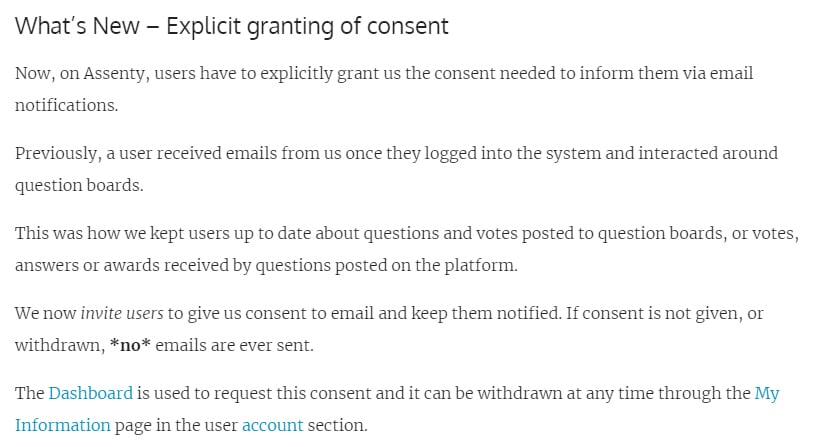 Assenty GDPR Compliant Consent Driven Email Notifications - Explicit granting of consent section