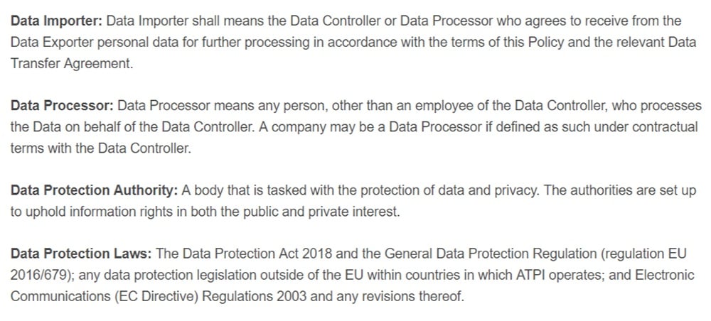 ATPI Data Protection Policy: Excerpt of glossary clause