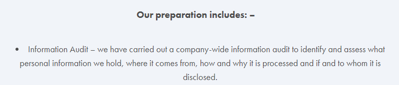 Big Bear GDPR Compliance Statement: Preparation clause - Information Audit section