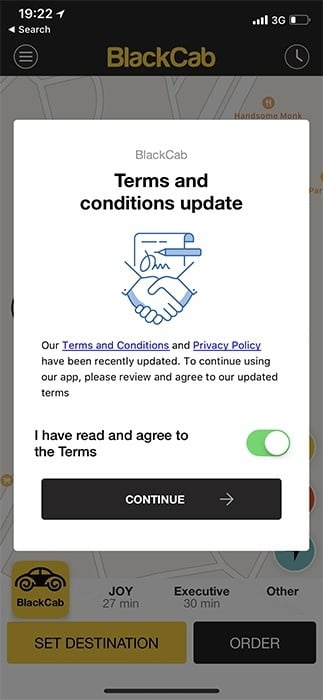 BlackCab mobile: Terms and Conditions update with toggle button to agree