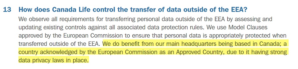 Canada Life UK: GDPR FAQs -International data transfer clause highlighted