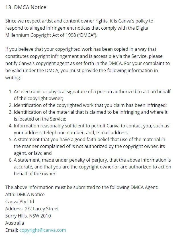 Canva Terms of Use: DMCA Notice clause