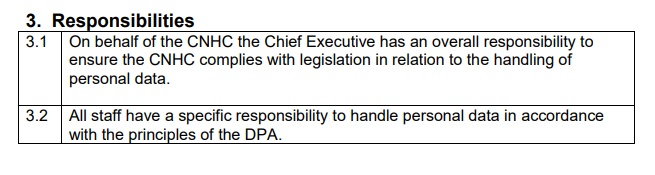 CNHC Data Protection Policy: excerpt of Responsibilities clause