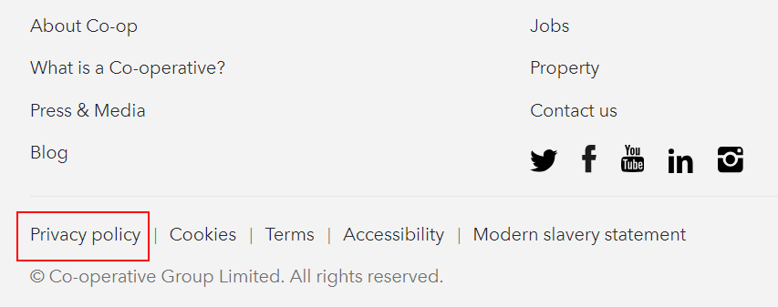 Co-op website footer with Privacy Policy link highlighted