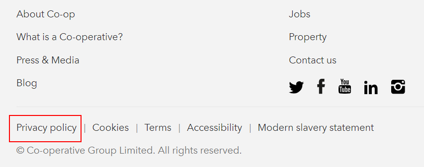 Co-op website footer with Privacy Policy link highlighted