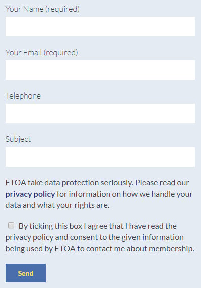 ETOA contact form with clickwrap checkbox
