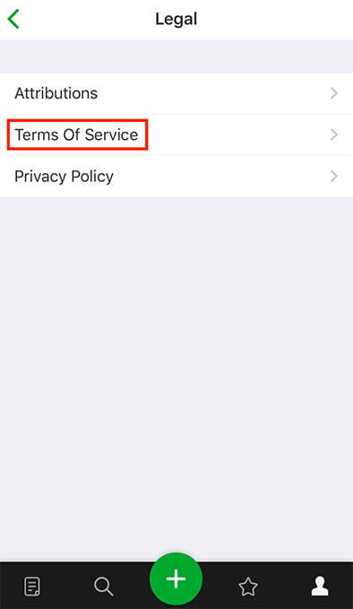 Evernote mobile Legal menu with Terms of Service link highlighted