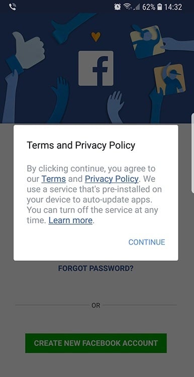 Facebook mobile new account screen with pop-up to agree to Terms and Privacy Policy