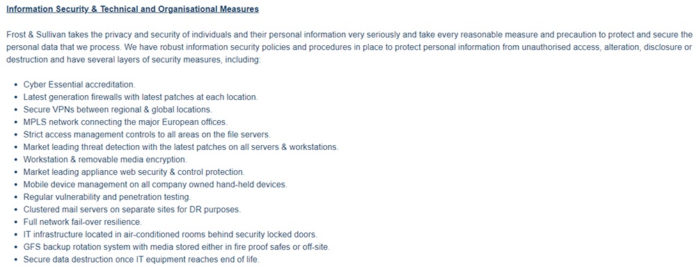 Frost and Sullivan GDPR Compliance Statement: Information Security and Technical and Organisational Measures clause