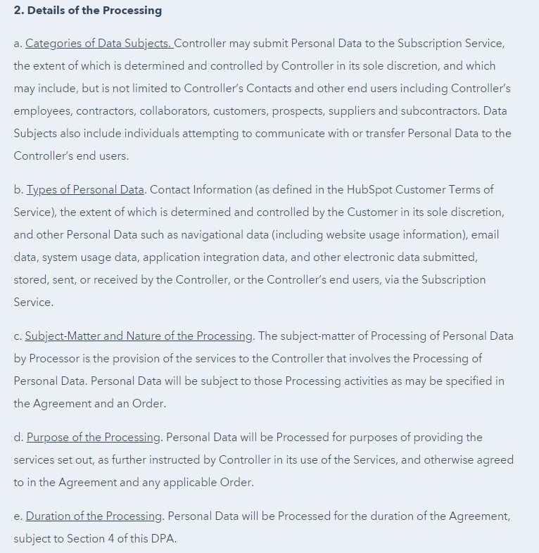 HubSpot Data Processing Agreement Details of Processing clause