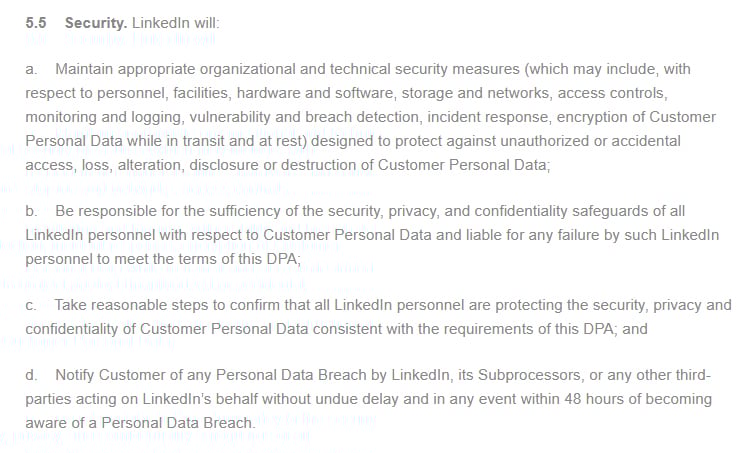 LinkedIn Data Processing Agreement Security clause