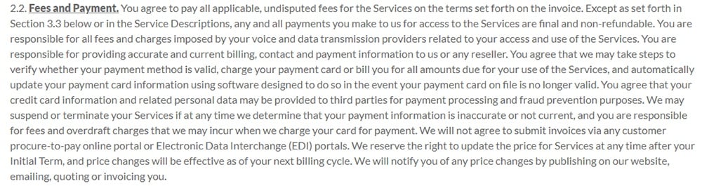 LogMeIn Terms of Service: Fees and Payments clause