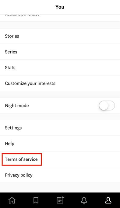 Medium mobile: Terms of Service link highlighted