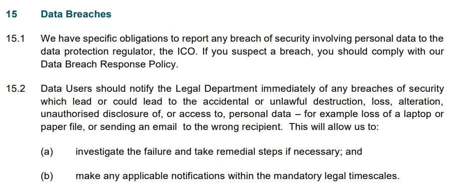 Pinewood Group Data Protection Policy: Data Breaches clause