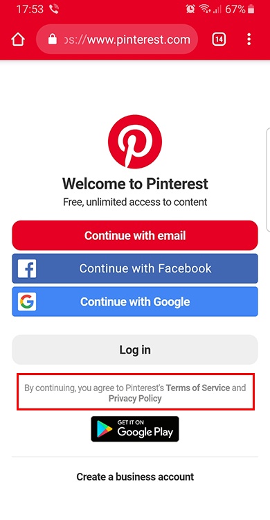 Pinterest mobile Log-in page with Agree to Terms and Privacy highlighted
