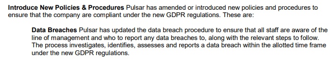 Pulsar GDPR Compliance Statement: New Policies and Procedures clause - Data Breaches section