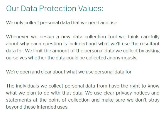 The Reader Data Protection Policy: Our Data Protection Values clause