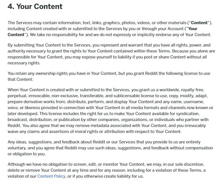 Reddit User Agreement: Your Content clause