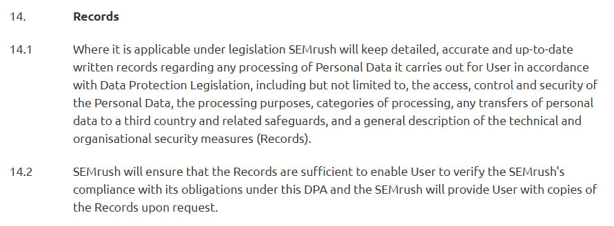 SEMrush Data Processing Agreement Records clauseSEMrush Data Processing Agreement Records clause