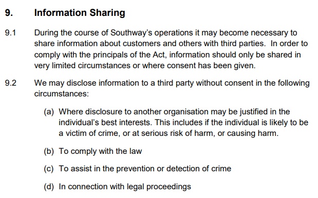 Southway Housing Data Protection Policy: Information sharing clause - third-parties