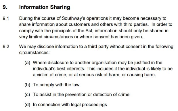 Southway Housing Data Protection Policy: Information sharing clause - third-parties