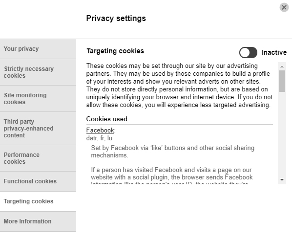 University of Brighton Cookies Consent notice Settings screen