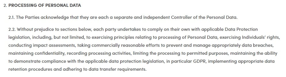 VoluumDSP DPA - Processing of Personal Data clause Controller excerpt