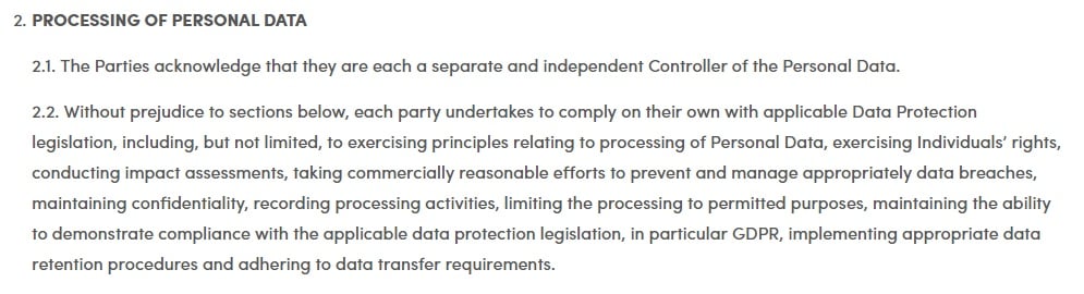 VoluumDSP DPA - Processing of Personal Data clause Controller excerpt