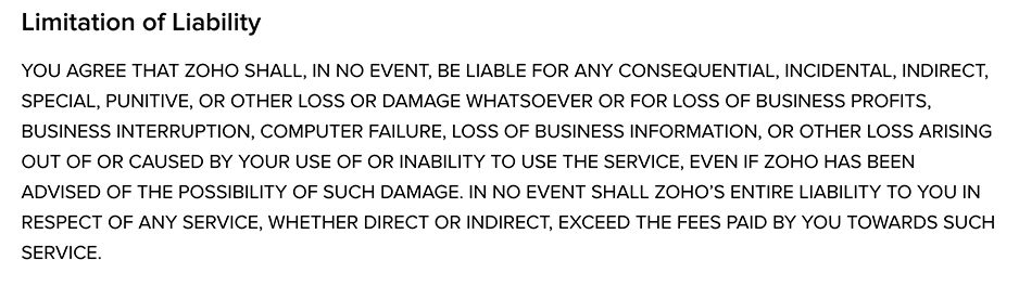 Zoho Terms of Service: Limitation of Liability clause excerpt