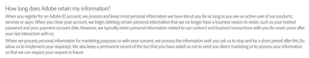 Adobe Privacy Policy: Data retention clause
