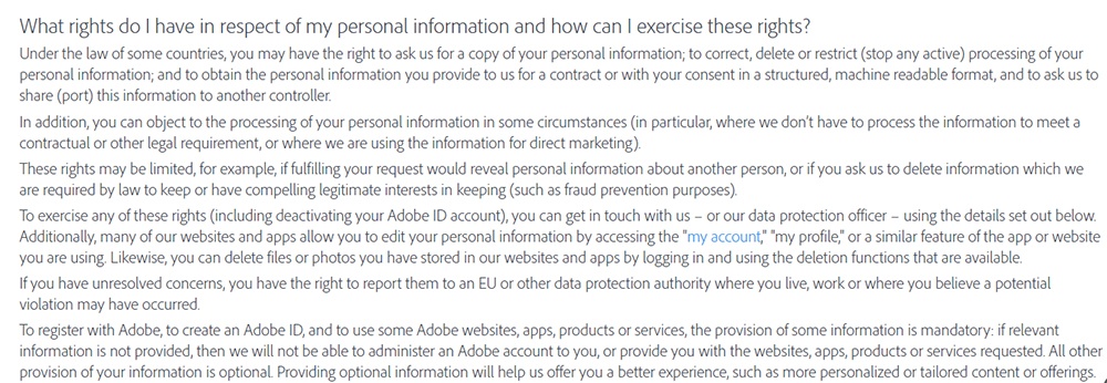 Adobe Privacy Policy: User rights clause
