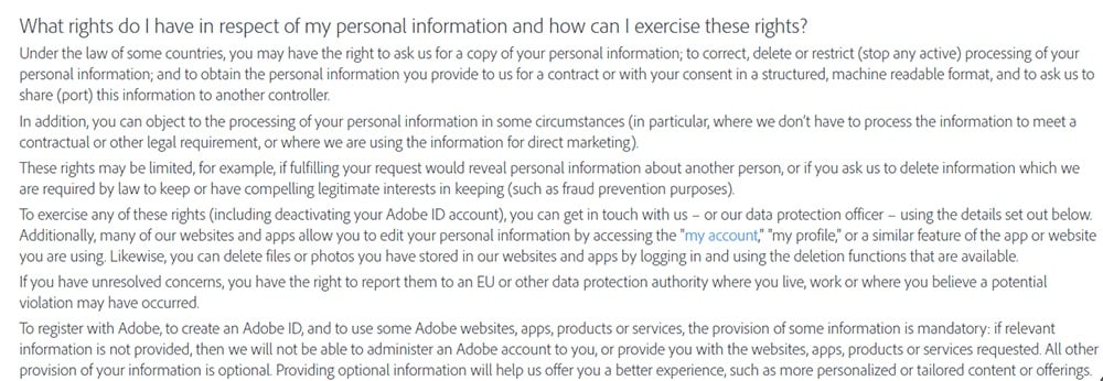 Adobe Privacy Policy: User rights clause