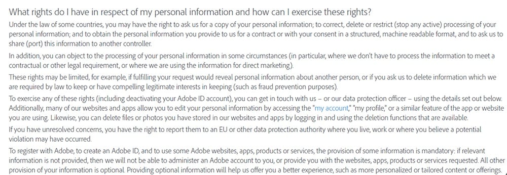 Adobe Privacy Policy: User rights clause