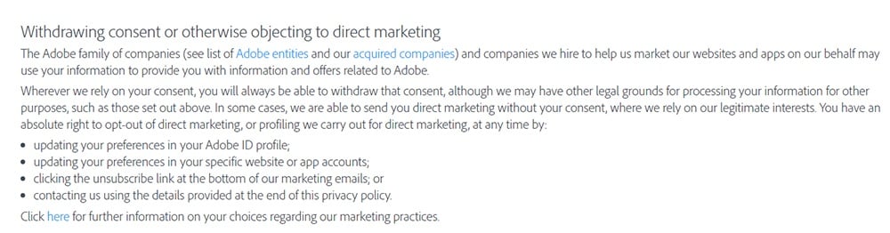 Adobe Privacy Policy: Withdrawing consent or otherwise objecting to direct marketing clause