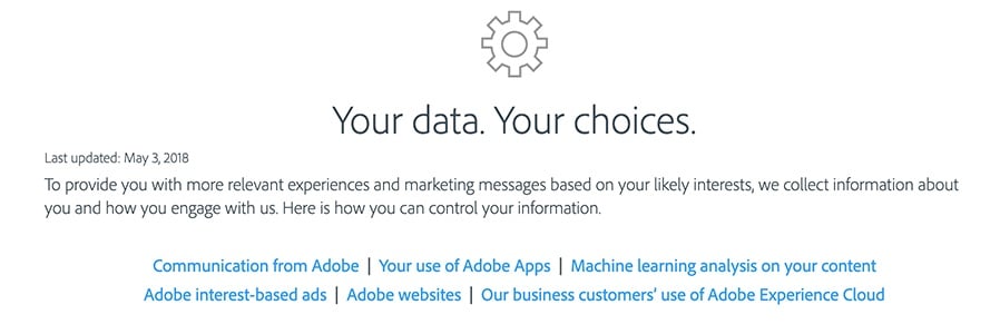 Intro section of Adobe Privacy: Your data your choices to control your information and opt out