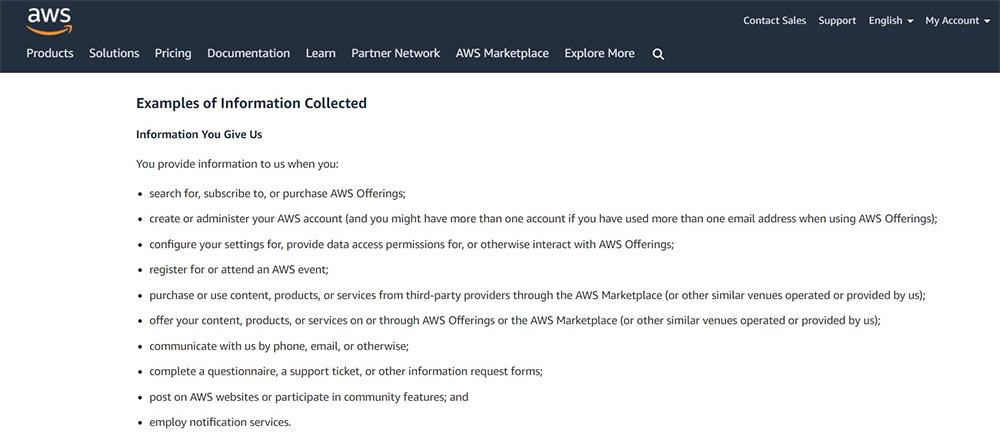Amazon Privacy Notice: Examples of Information Collected clause excerpt
