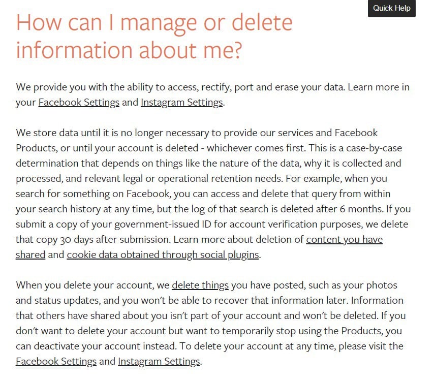 Facebook Data Policy: How can I manage or delete information about me clause