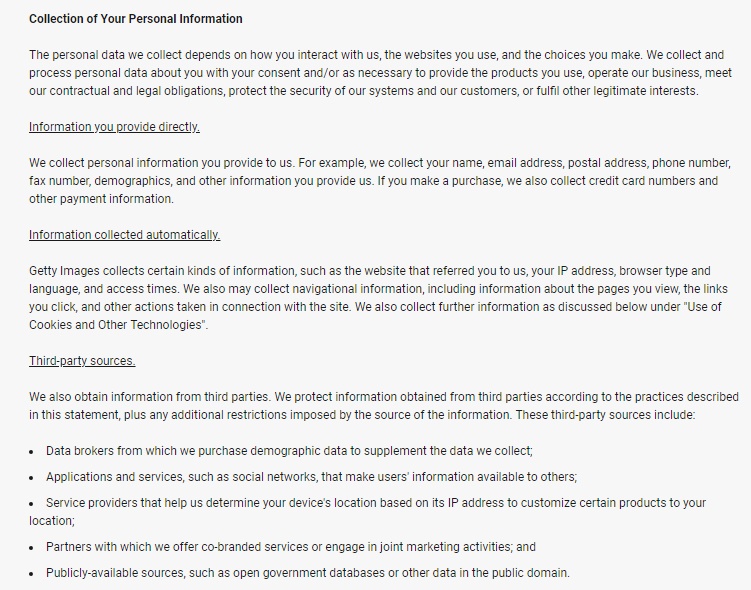 Getty Images Privacy Policy: Collection of Personal Information clause excerpt