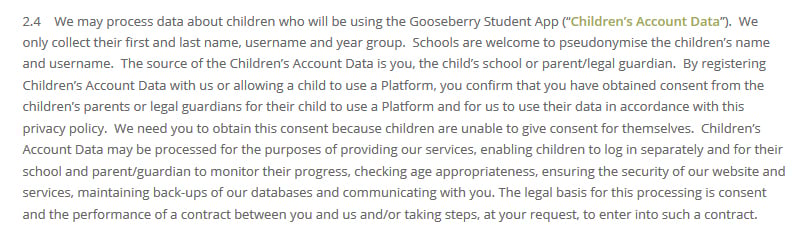 Gooseberry Planet Privacy Policy: Children&#039;s Account Data clause