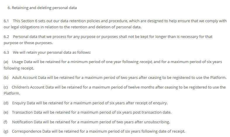 Gooseberry Planet Privacy Policy: Retaining and Deleting Personal Data clause