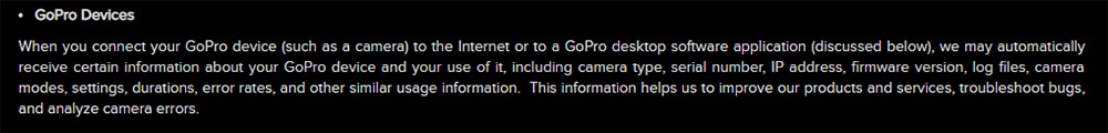 GoPro Privacy Policy: GoPro Devices - Information collected clause